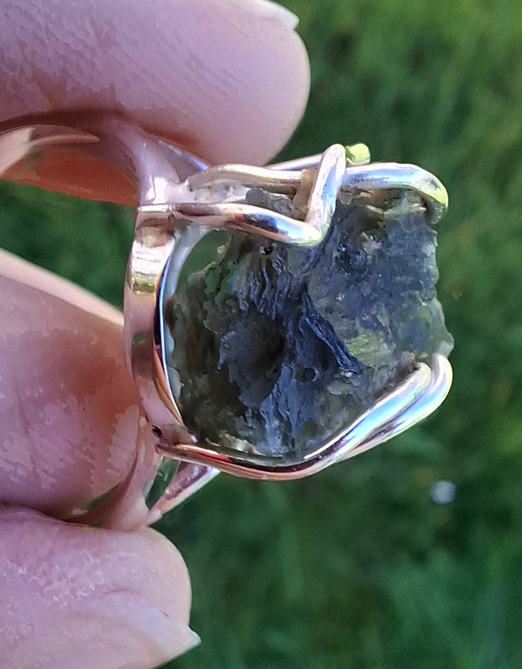 Moldavite Ring, size Q, 925 Silver, Tektite (Ref: R10)