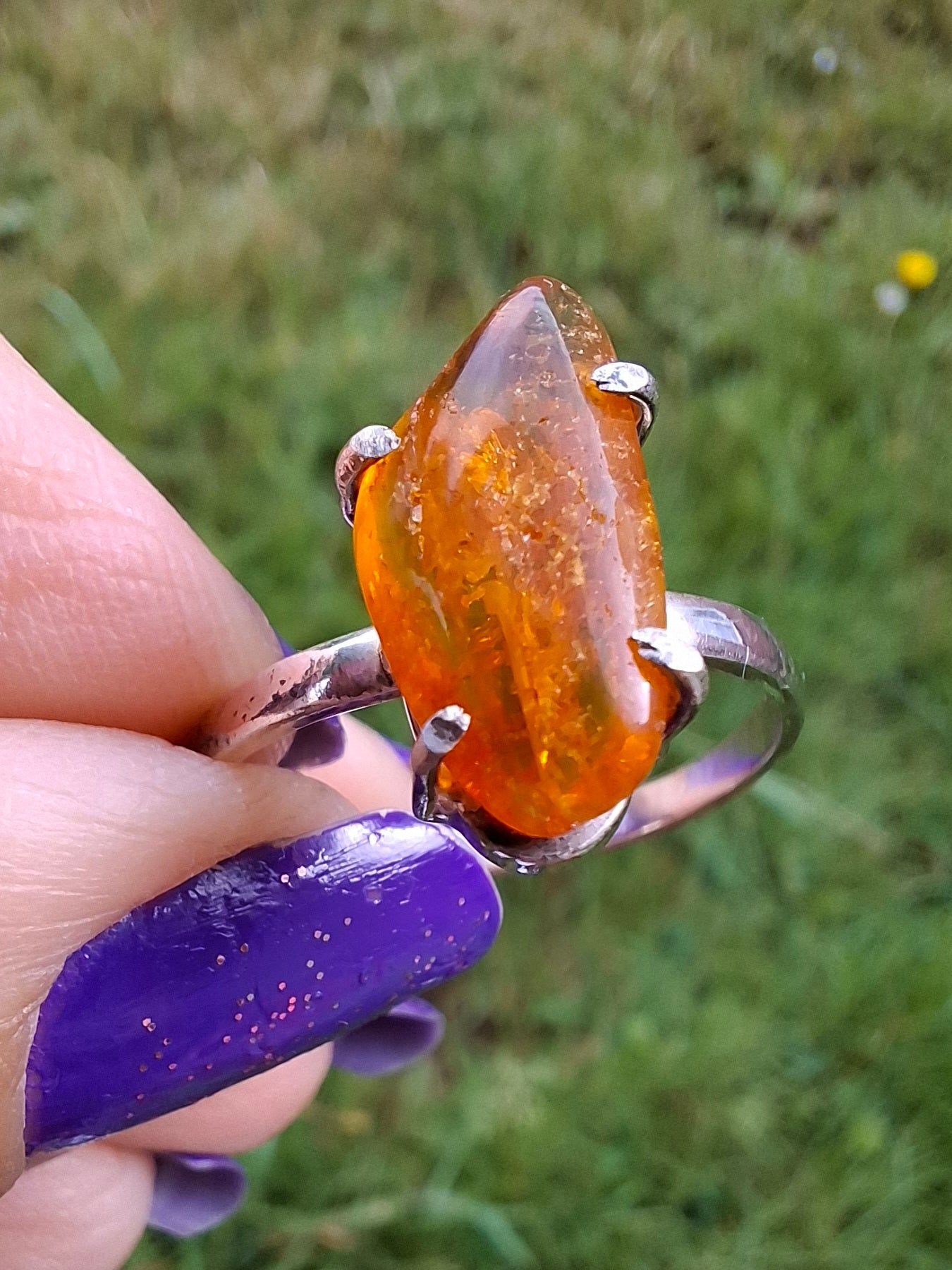 Baltic Amber Ring, size large T/small U, 925 Silver, Fossil (Ref: AR19)
