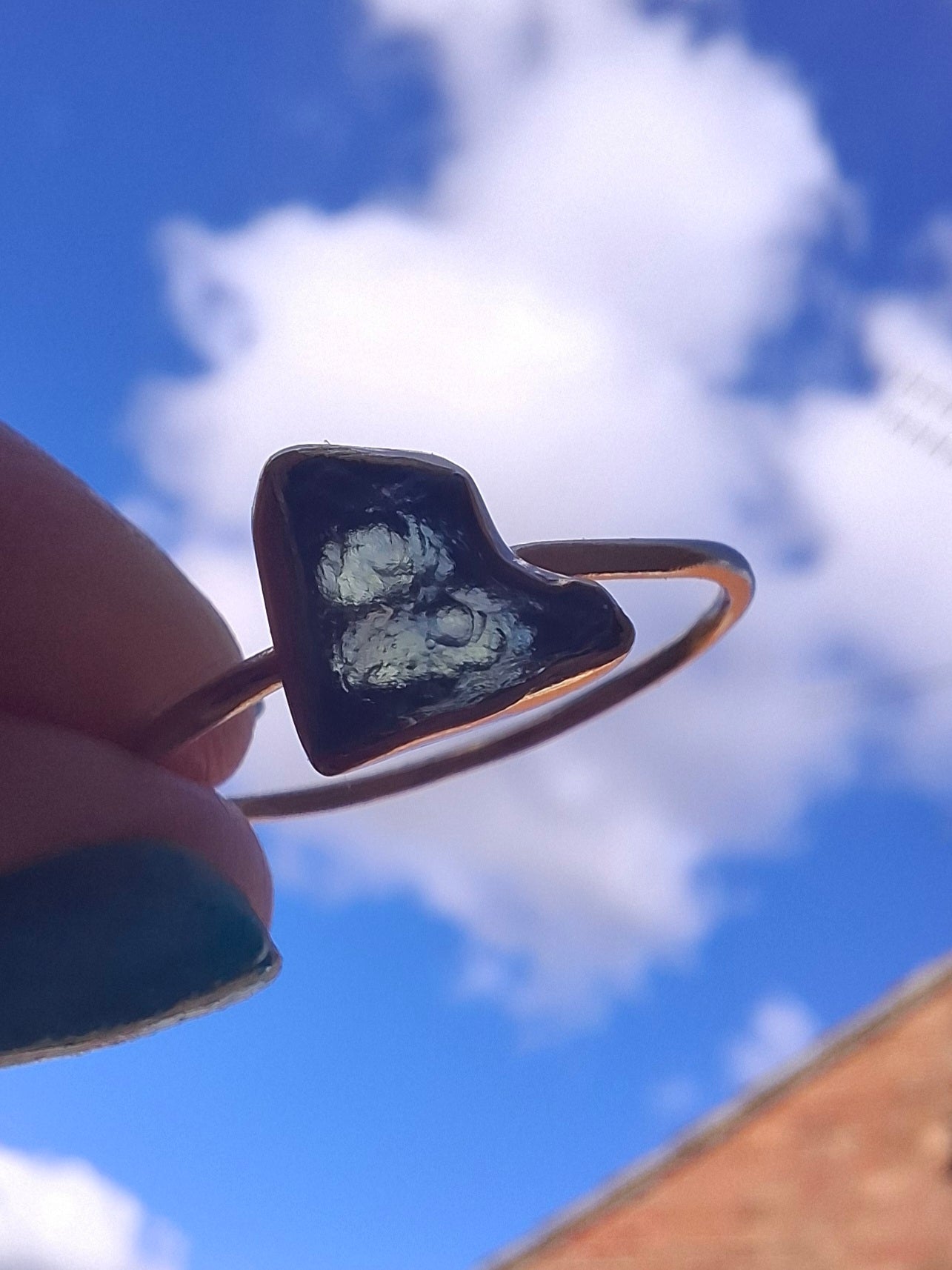 Moldavite Ring, 14K GOLD Plated, size large U, Tektite (Ref: R351)