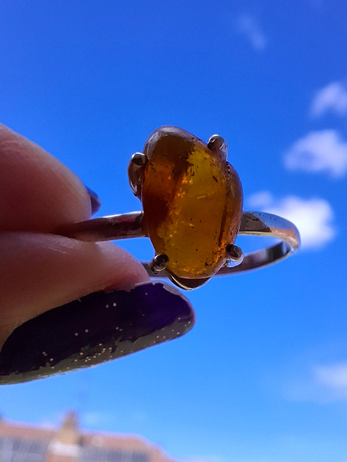 Baltic Amber Ring, size large W, 925 Silver, Fossil (Ref: AR29)