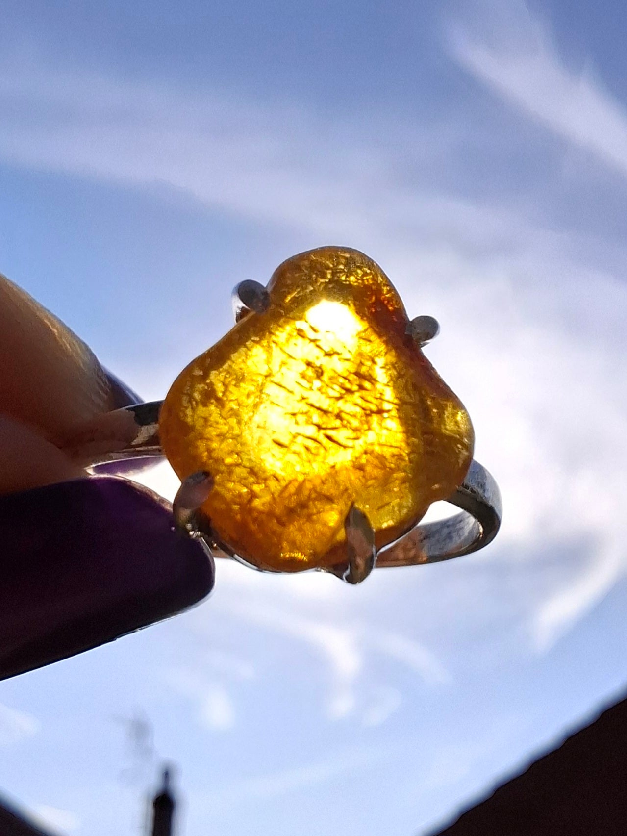 Baltic Amber Ring, size large R, 925 Silver, Fossil (Ref: AR16)