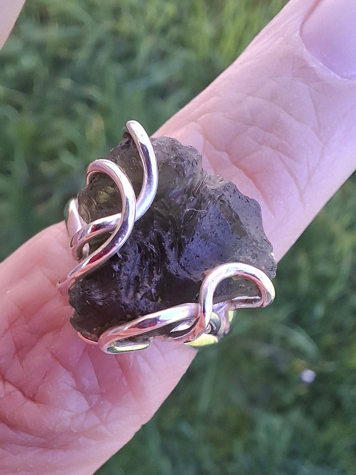 Moldavite Ring, size large L/small M, 925 Silver, Tektite (Ref: R4)