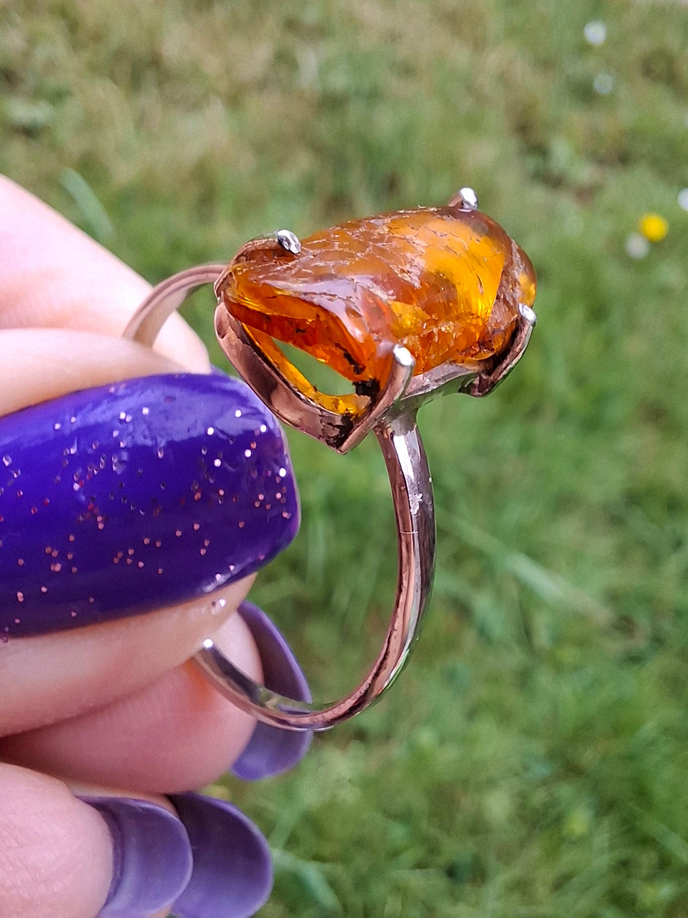 Baltic Amber Ring, size large Y, 925 Silver, Fossil (Ref: AR22)