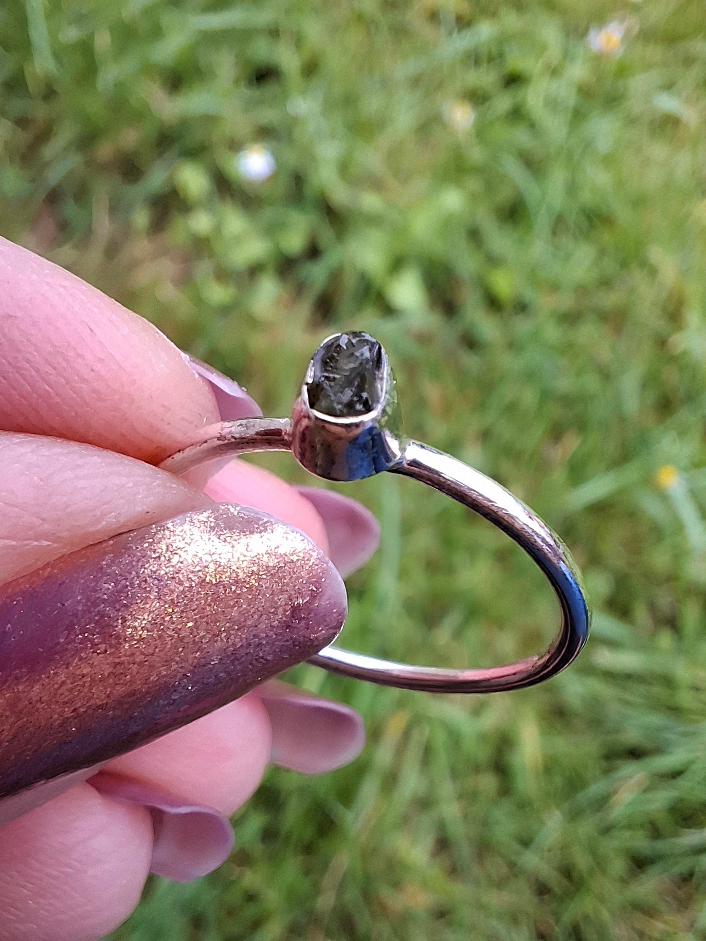 Moldavite Ring, size small P, 925 Silver, Tektite (Ref: R42)