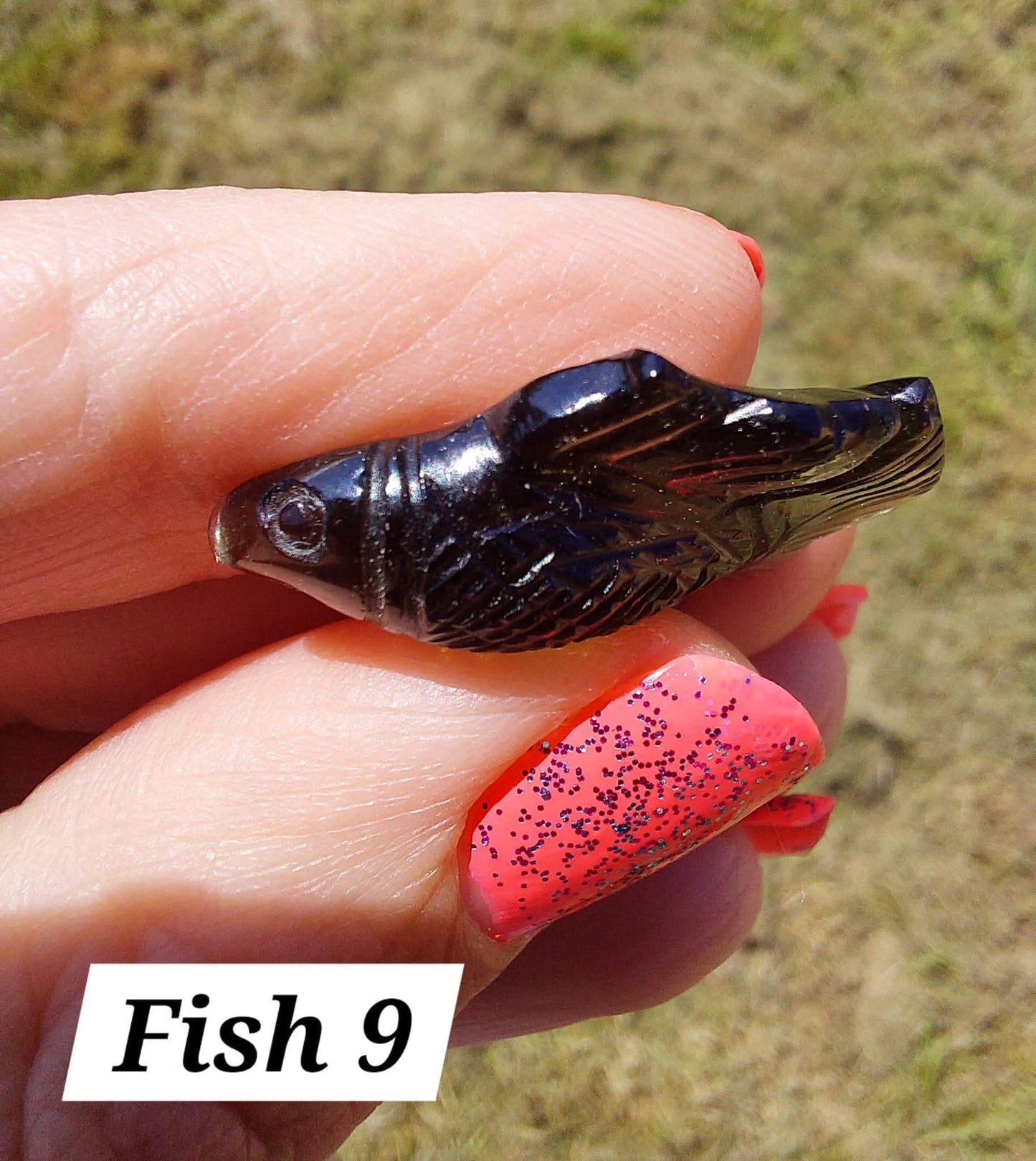 Moldavite FISH carving, (flat back), 3.29g, Tektite (Ref: Fish9)