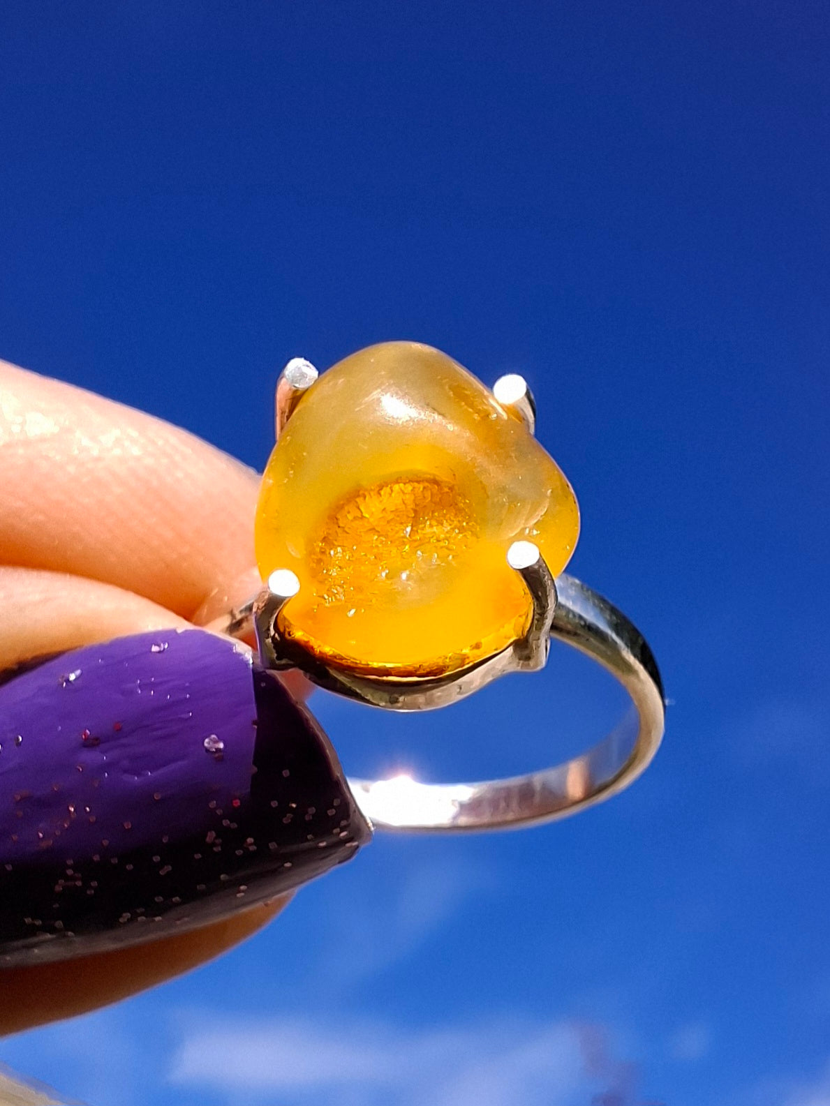 Baltic Amber Ring, size large L, 925 Silver, Fossil (Ref: AR2)