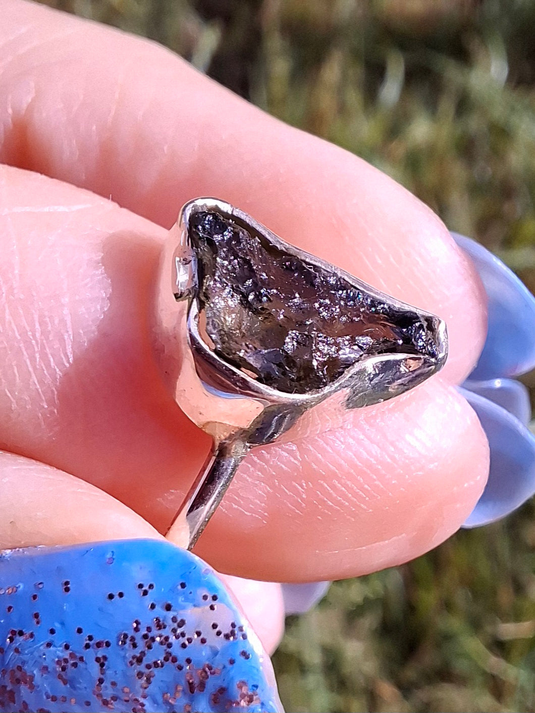 Moldavite Ring, size large M, 925 Silver, Tektite (Ref: R23)