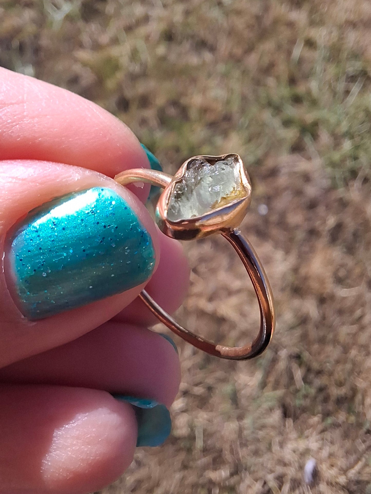 Moldavite Ring, 14K GOLD Plated, size large T, Tektite (Ref: R347)