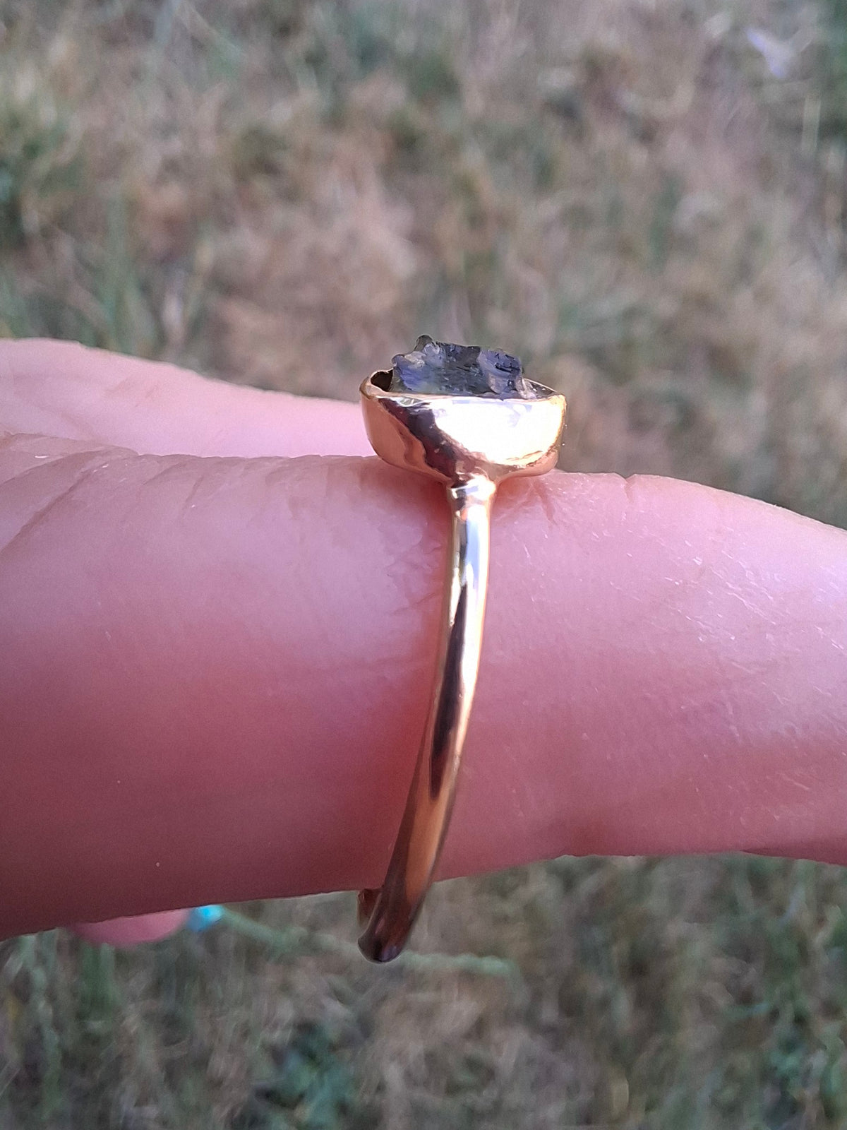 Moldavite Ring, 14K GOLD Plated, size large L, Tektite (Ref: R343)