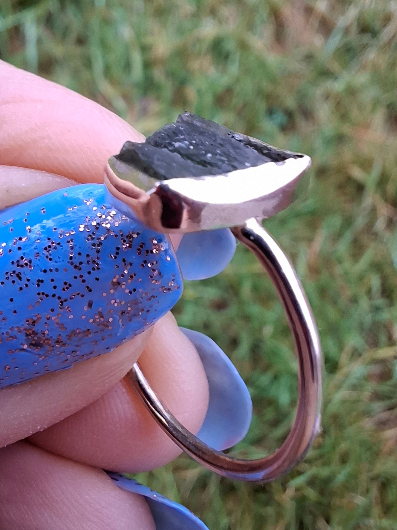 Moldavite Ring, size large P/small Q, 925 Silver, Tektite (Ref: R26)