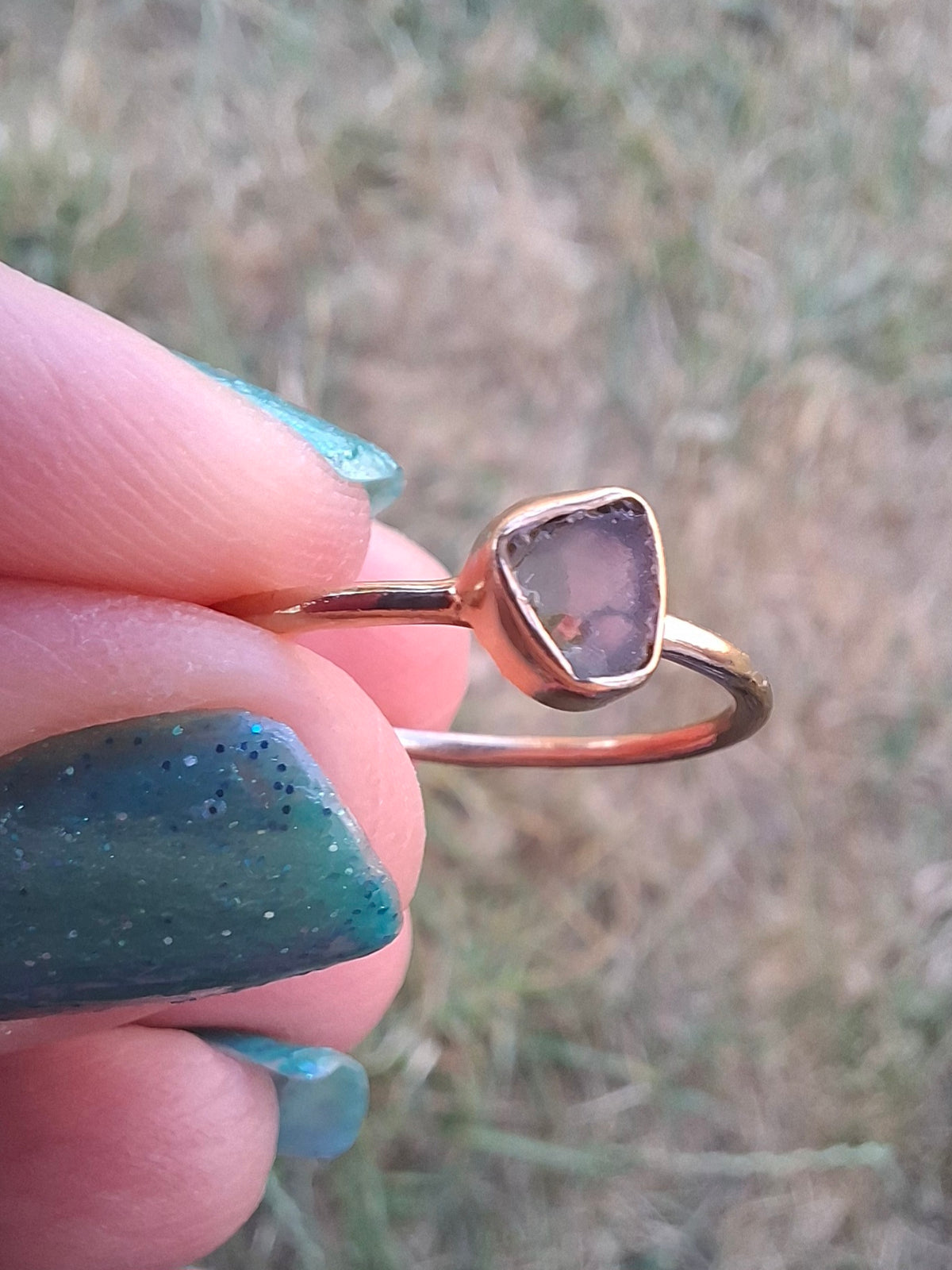 Moldavite Ring,14K GOLD Plated, size large O, Tektite (Ref: R344)