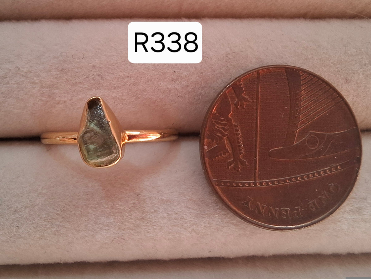 Moldavite Ring, 14K GOLD Plated, size large J, Tektite (Ref: R338)