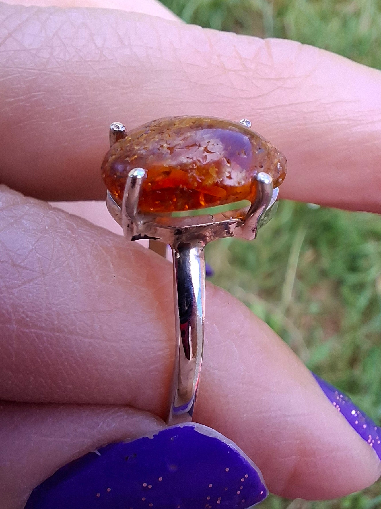 Baltic Amber Ring, size large X, 925 Silver, Fossil (Ref: AR32)