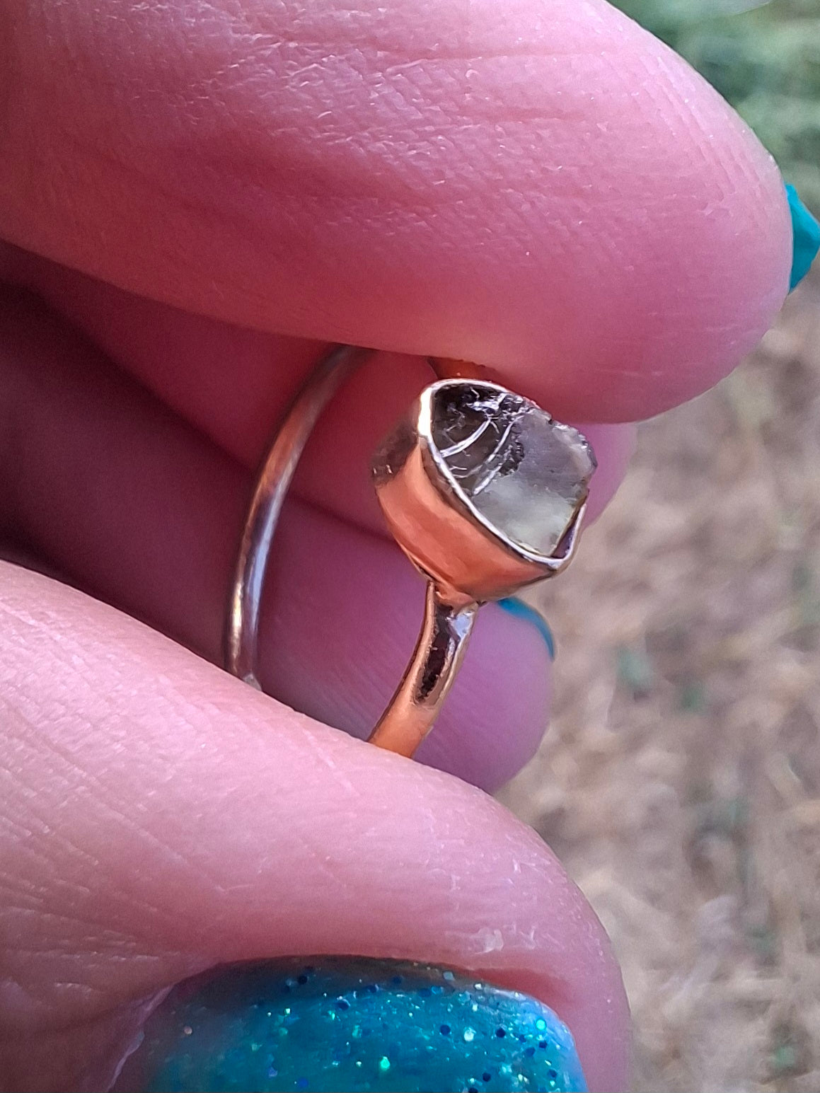 Moldavite Ring, 14K GOLD Plated, size large G / small H, Tektite (Ref: R334)