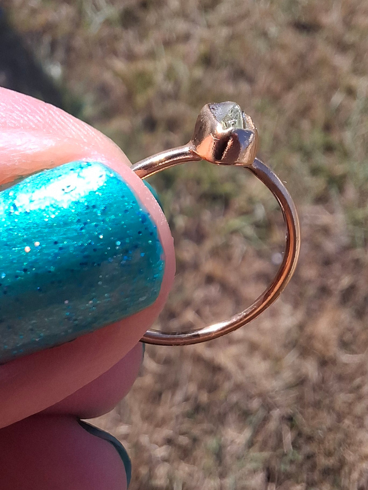 Moldavite Ring, 14K GOLD Plated, size large M, Tektite (Ref: R337)