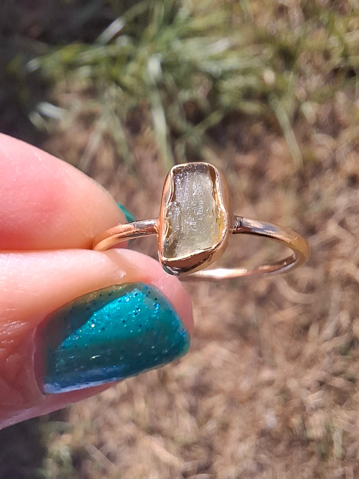 Moldavite Ring, 14K GOLD Plated, size large M, Tektite (Ref: R341)