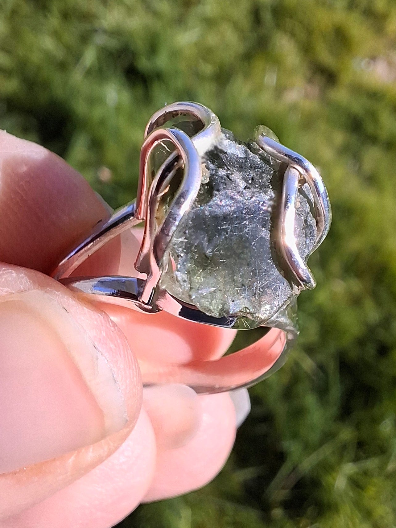 Moldavite Ring, size Q, 925 Silver, Tektite (Ref: R11)