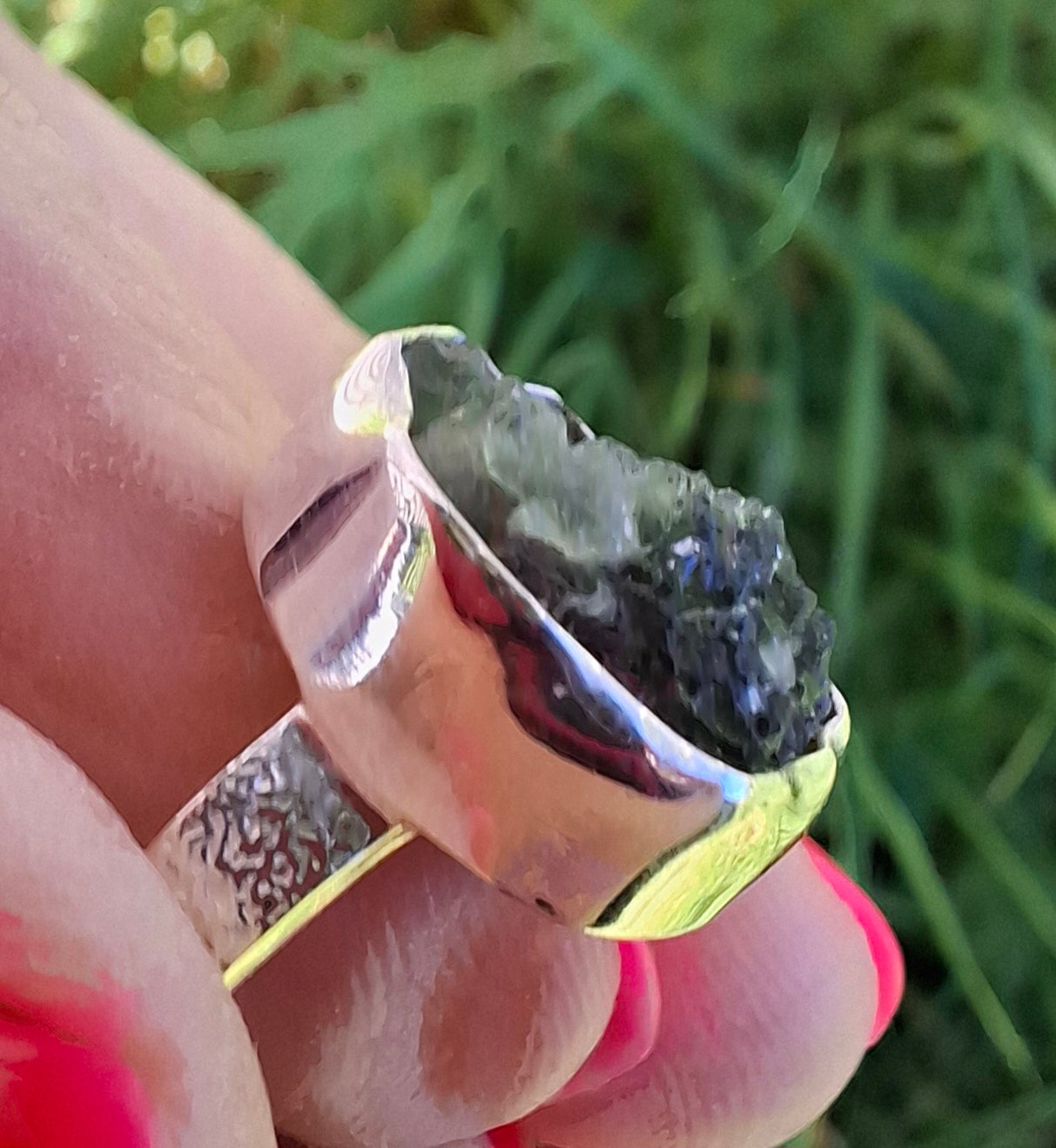 Moldavite Ring, size H, 925 Silver, Tektite (Ref: R294)