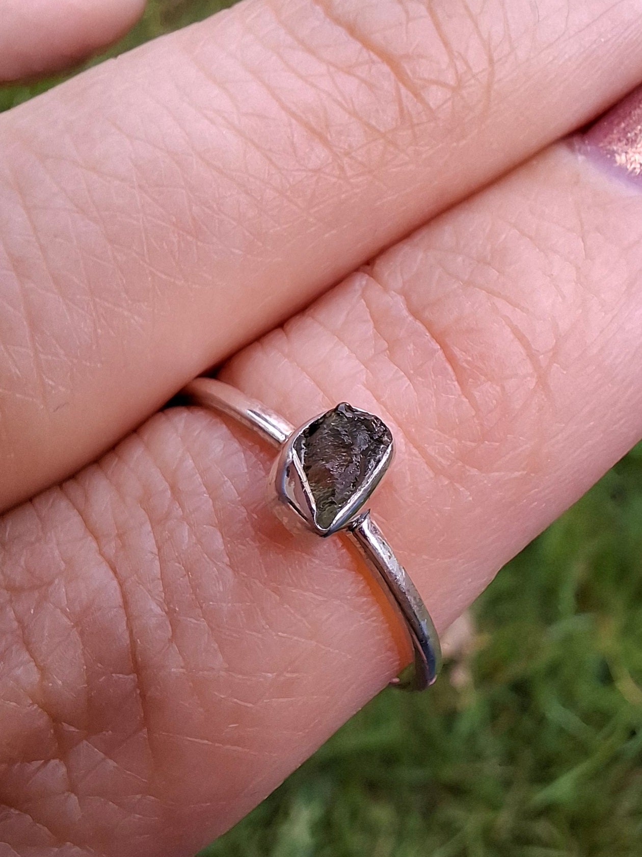Moldavite Ring, size large M, 925 Silver, Tektite (Ref: R38)