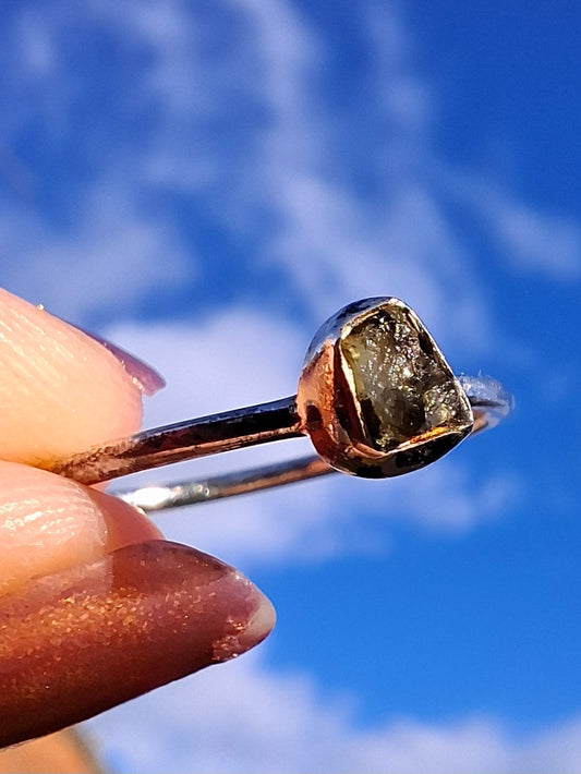Moldavite Ring, size large O/small P, 925 Silver, Tektite (Ref: R41)