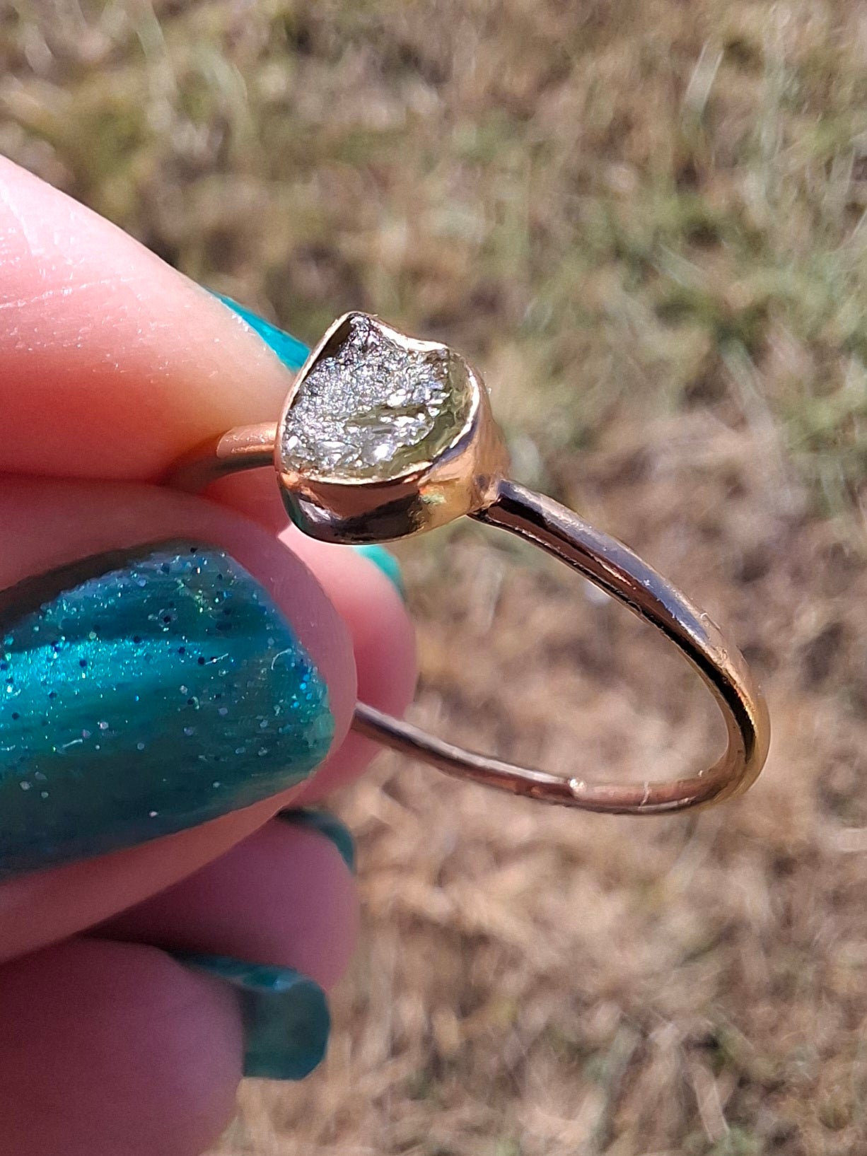 Moldavite Ring, 14K GOLD Plated, size U, Tektite (Ref: R348)