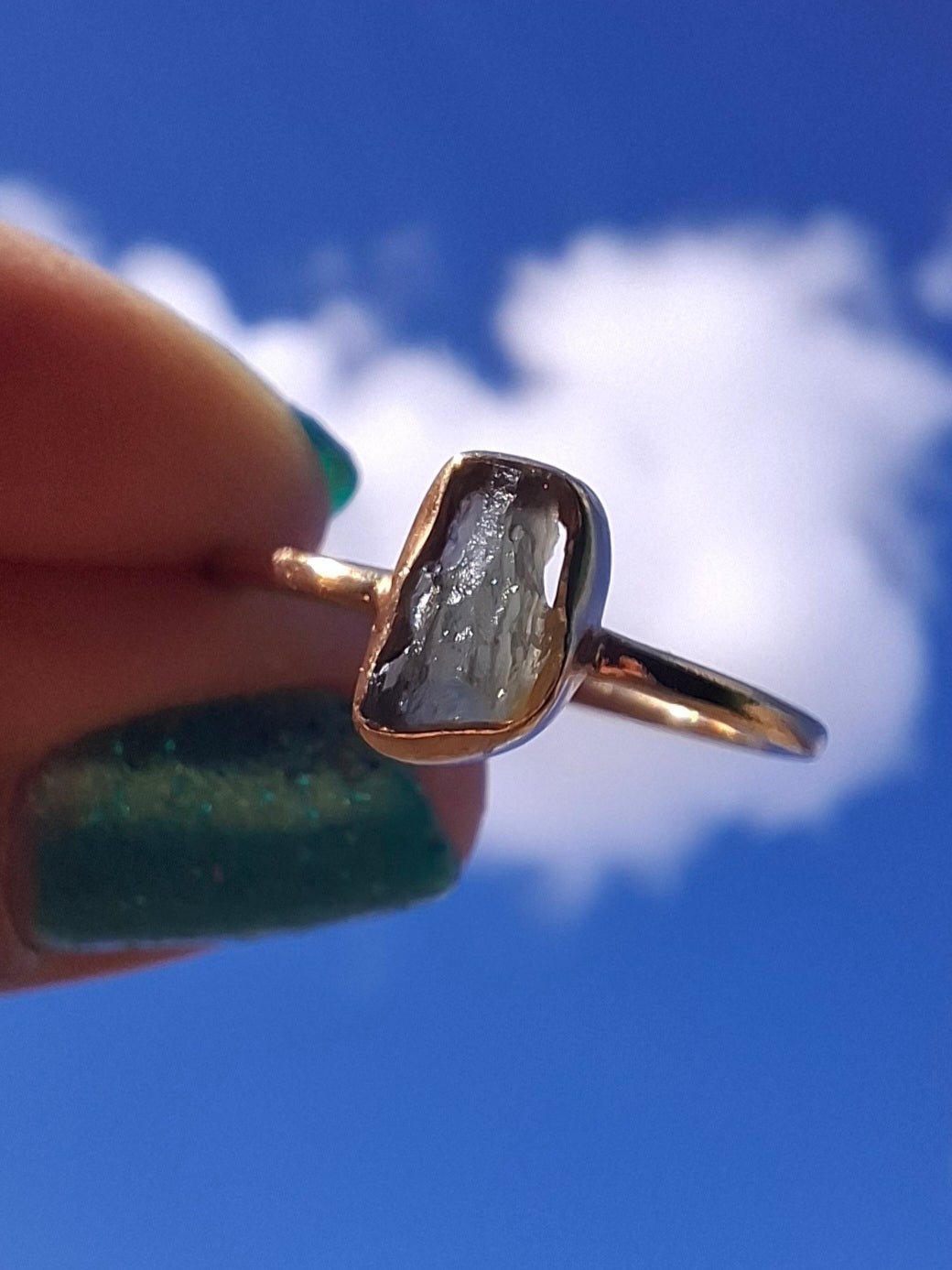 Moldavite Ring, 14K GOLD Plated, size large M, Tektite (Ref: R341)
