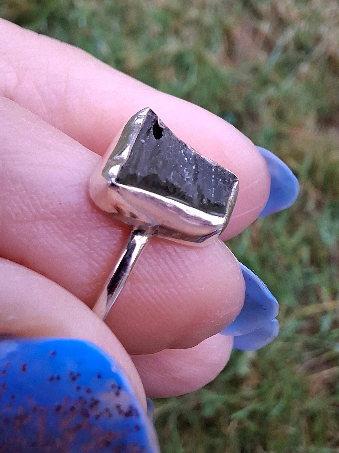 Moldavite Ring, size large P/small Q, 925 Silver, Tektite (Ref: R26)