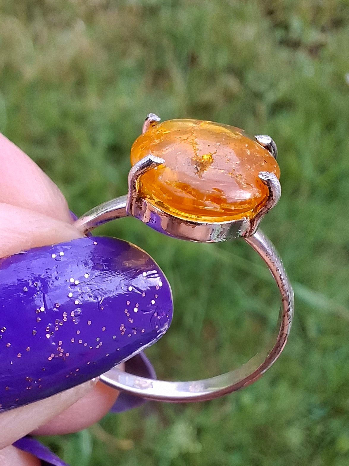 Baltic Amber Ring, size large Q, 925 Silver, Fossil (Ref: AR14)