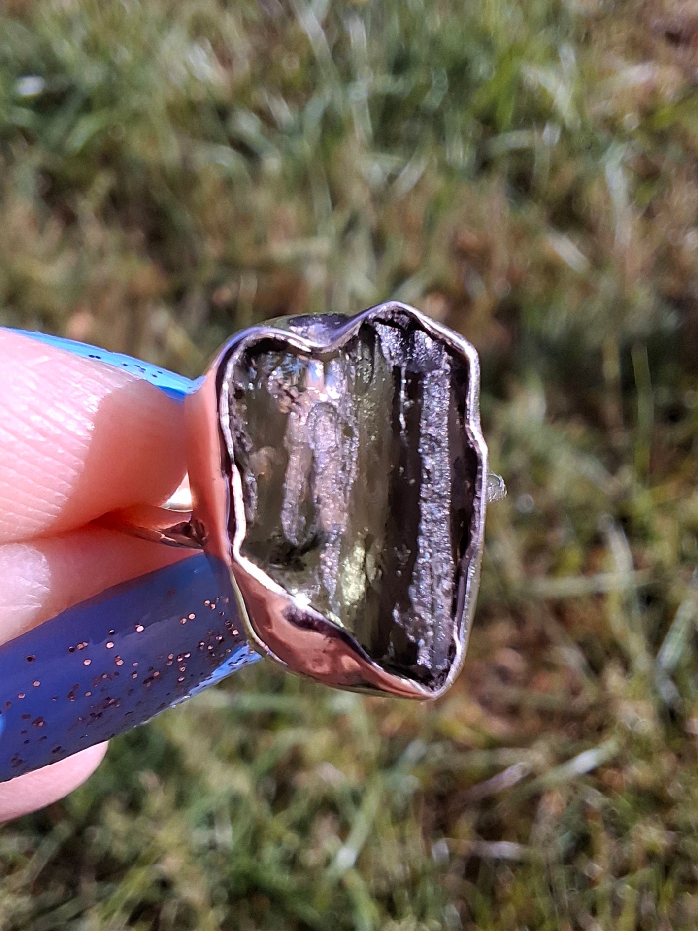 Moldavite Ring, size large N, 925 Silver, Tektite (Ref: R25)