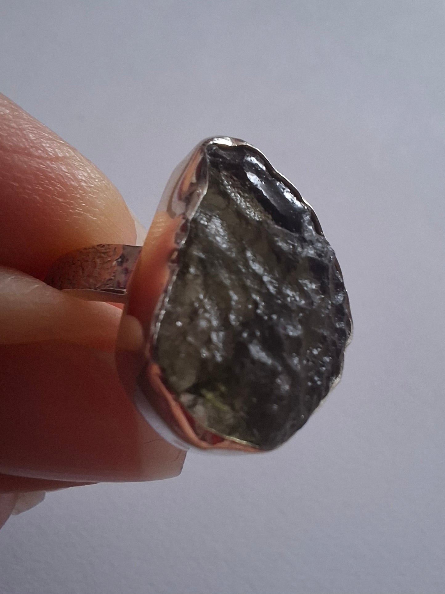 Moldavite Ring, size O, 925 Silver, Tektite (Ref: R311)