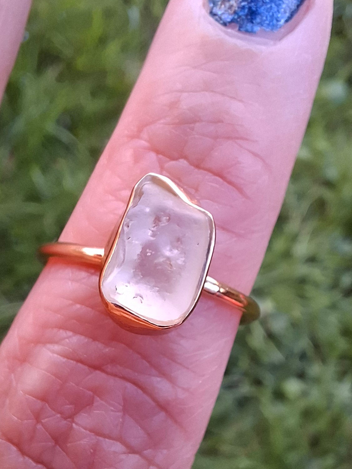 Libyan Desert Glass Ring, 14K GOLD Plated, size large Q, Tektite (Ref: LR64)