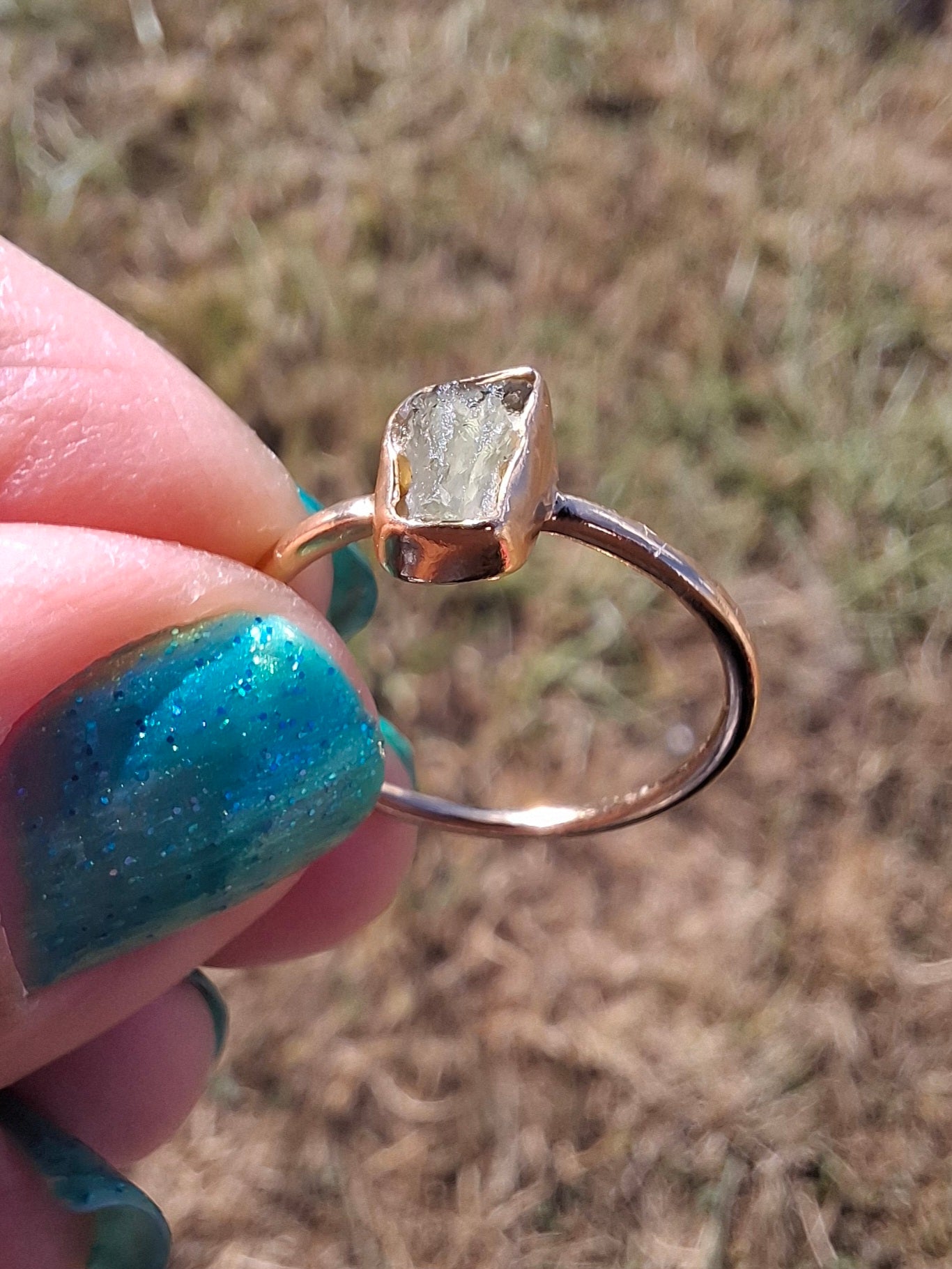 Moldavite Ring, 14K GOLD Plated, size large M, Tektite (Ref: R341)