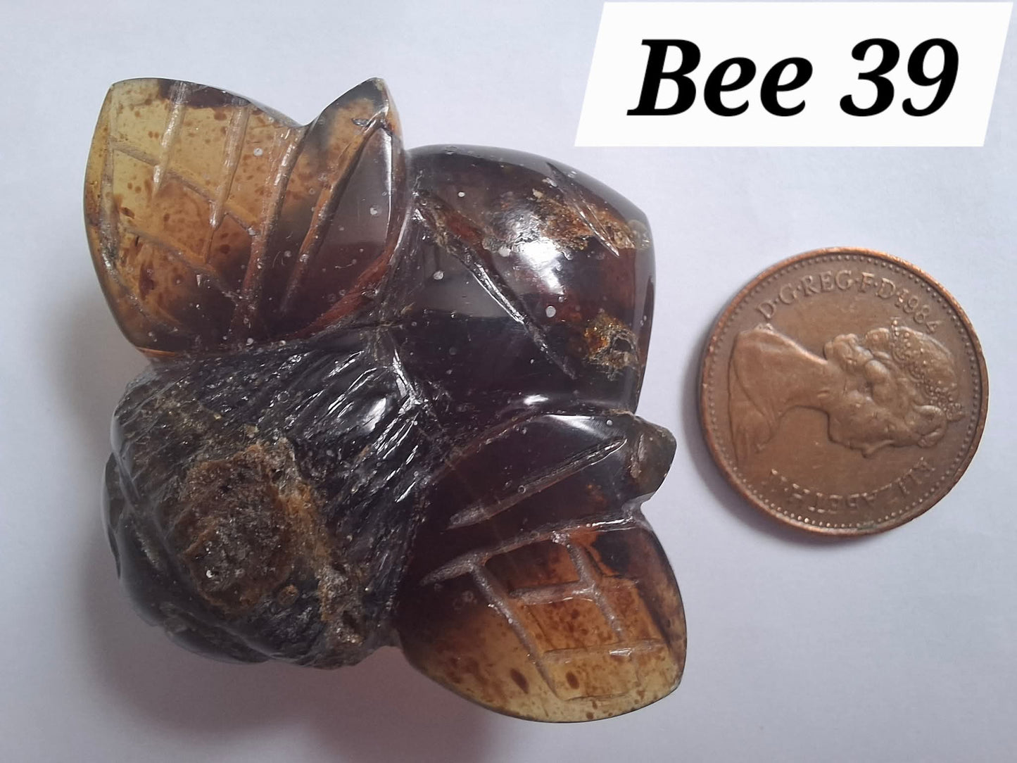 Red Amber Honey Bee Carving, 10.66g, Fossil (Ref: Bee39)