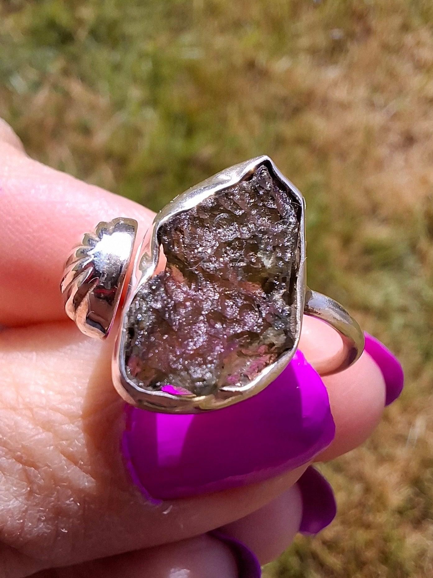Moldavite ADJUSTABLE Ring, size large O, 925 Silver, Tektite (Ref: AR44)