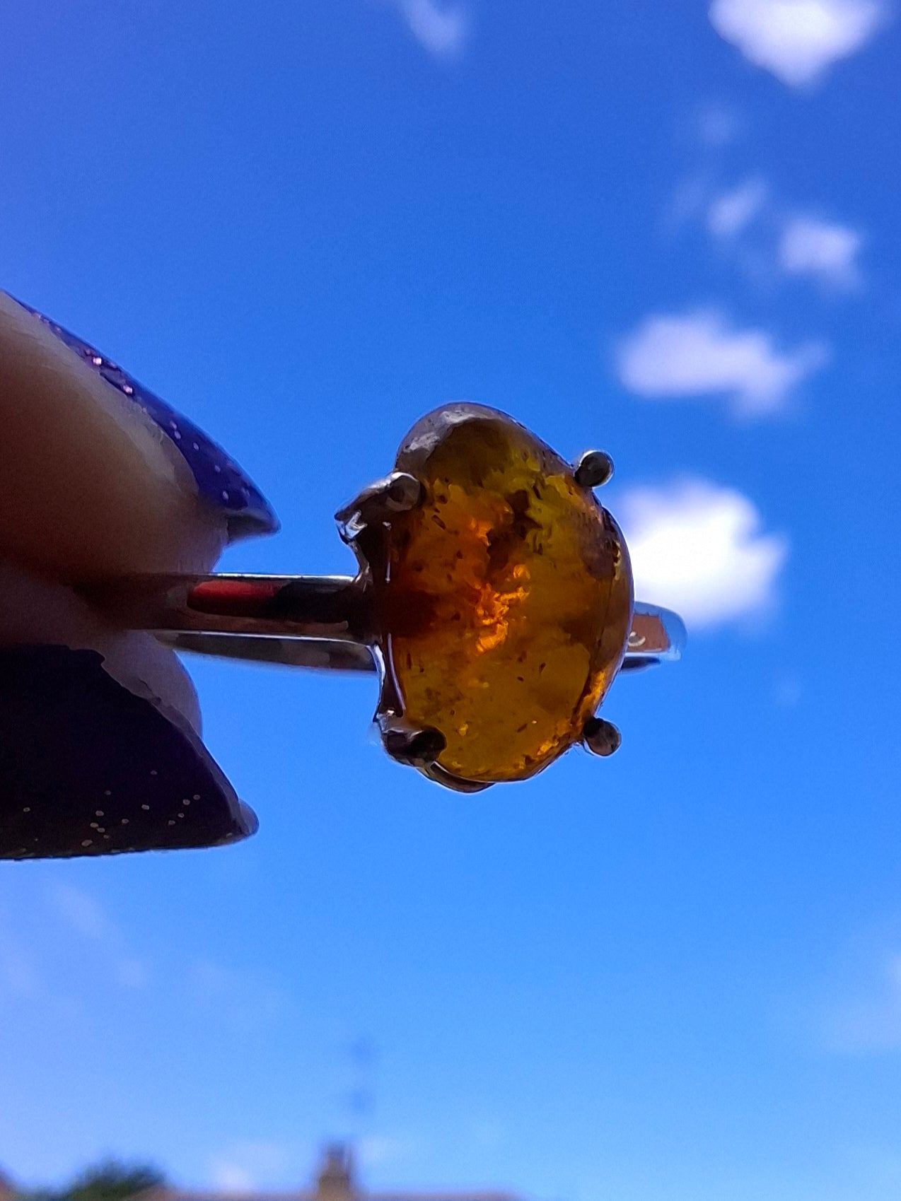 Baltic Amber Ring, size large W, 925 Silver, Fossil (Ref: AR29)