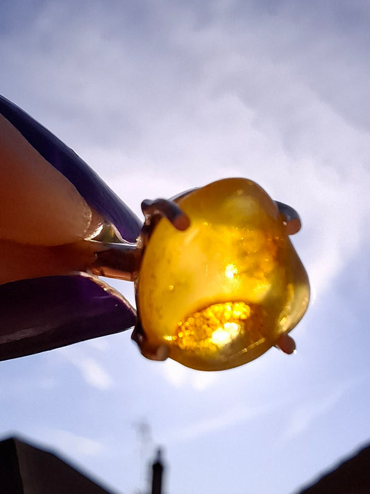 Baltic Amber Ring, size large L, 925 Silver, Fossil (Ref: AR2)