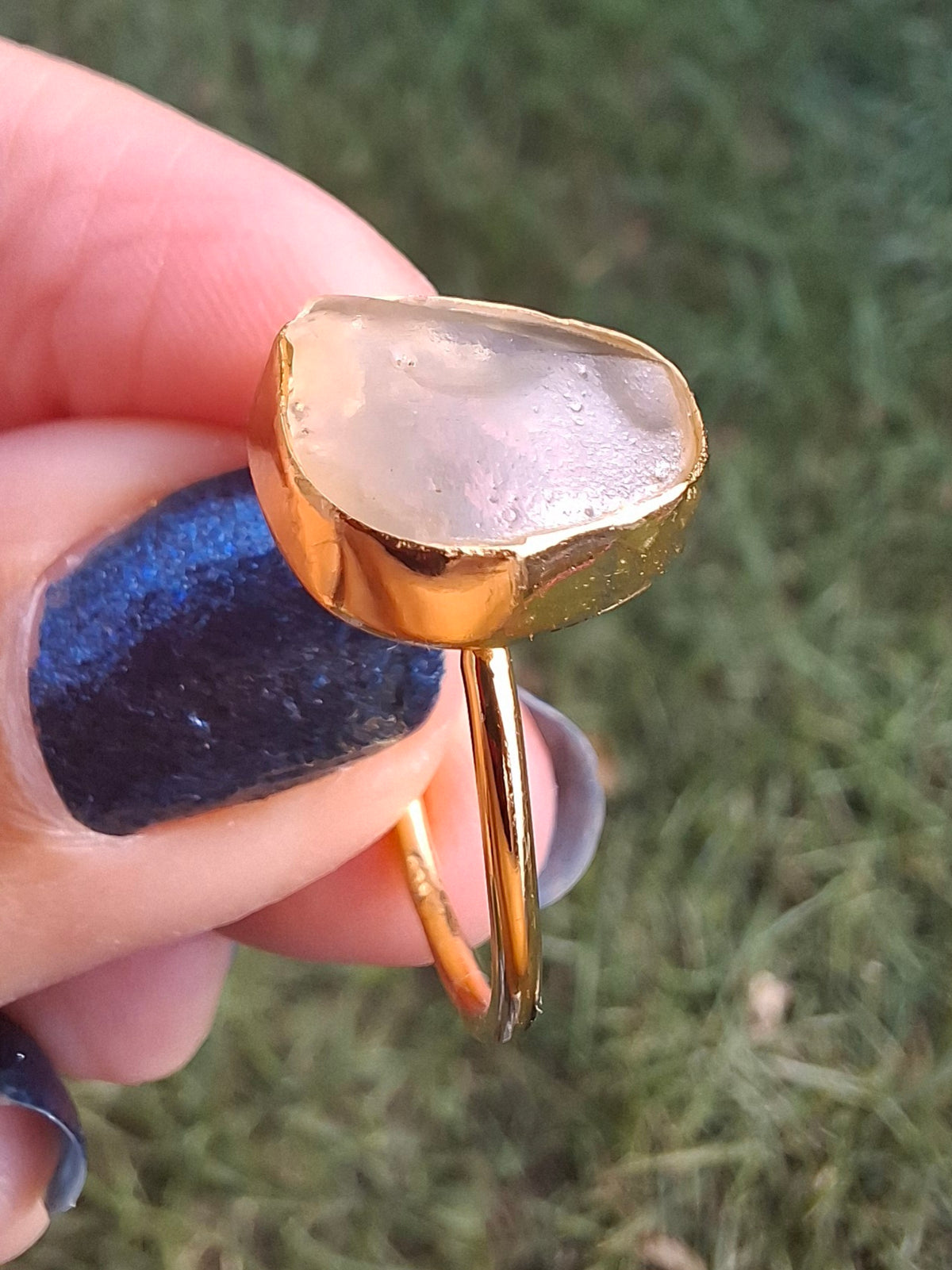 Libyan Desert Glass Ring, 14K GOLD Plated, size large Q, Tektite (Ref: LR80)