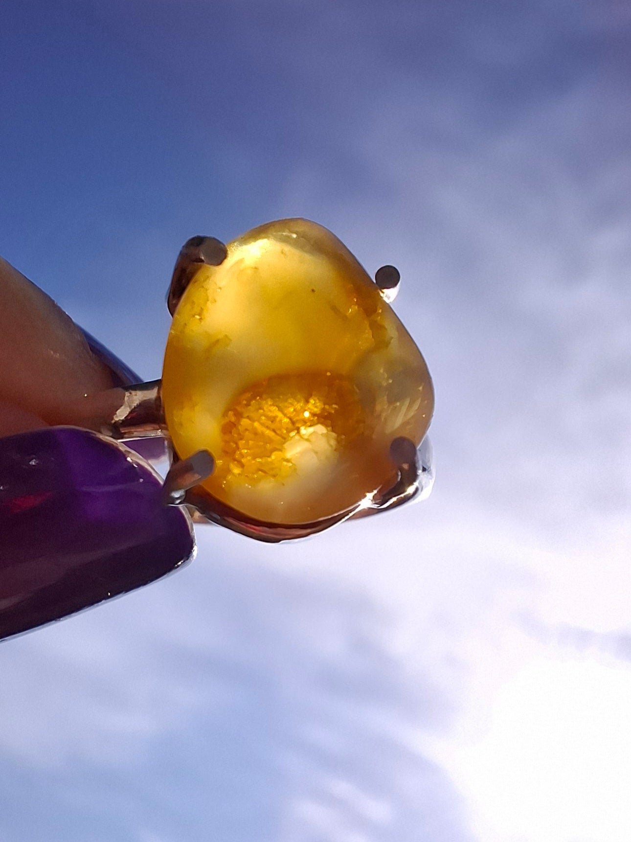 Baltic Amber Ring, size large L, 925 Silver, Fossil (Ref: AR2)