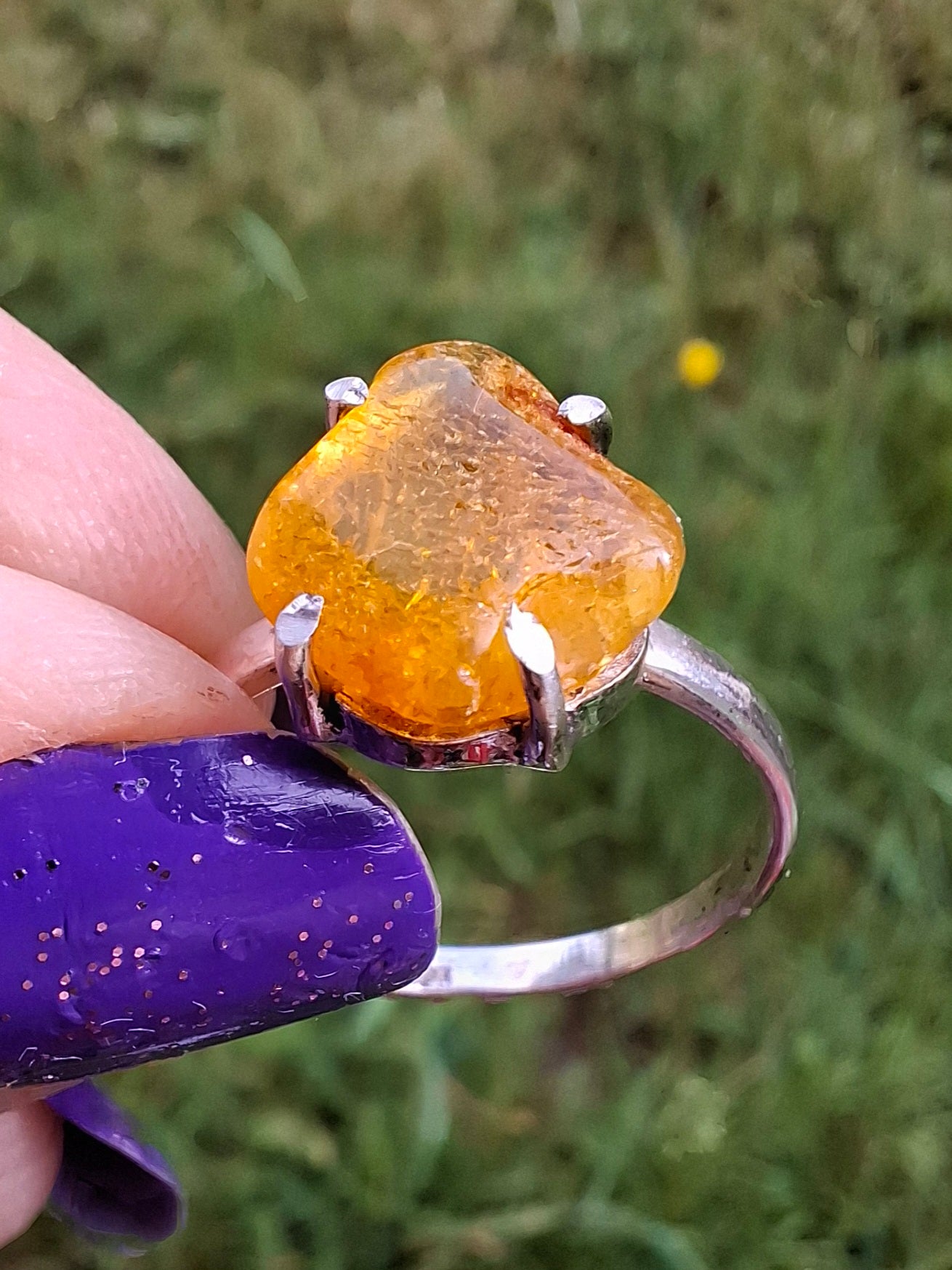 Baltic Amber Ring, size large R, 925 Silver, Fossil (Ref: AR16)