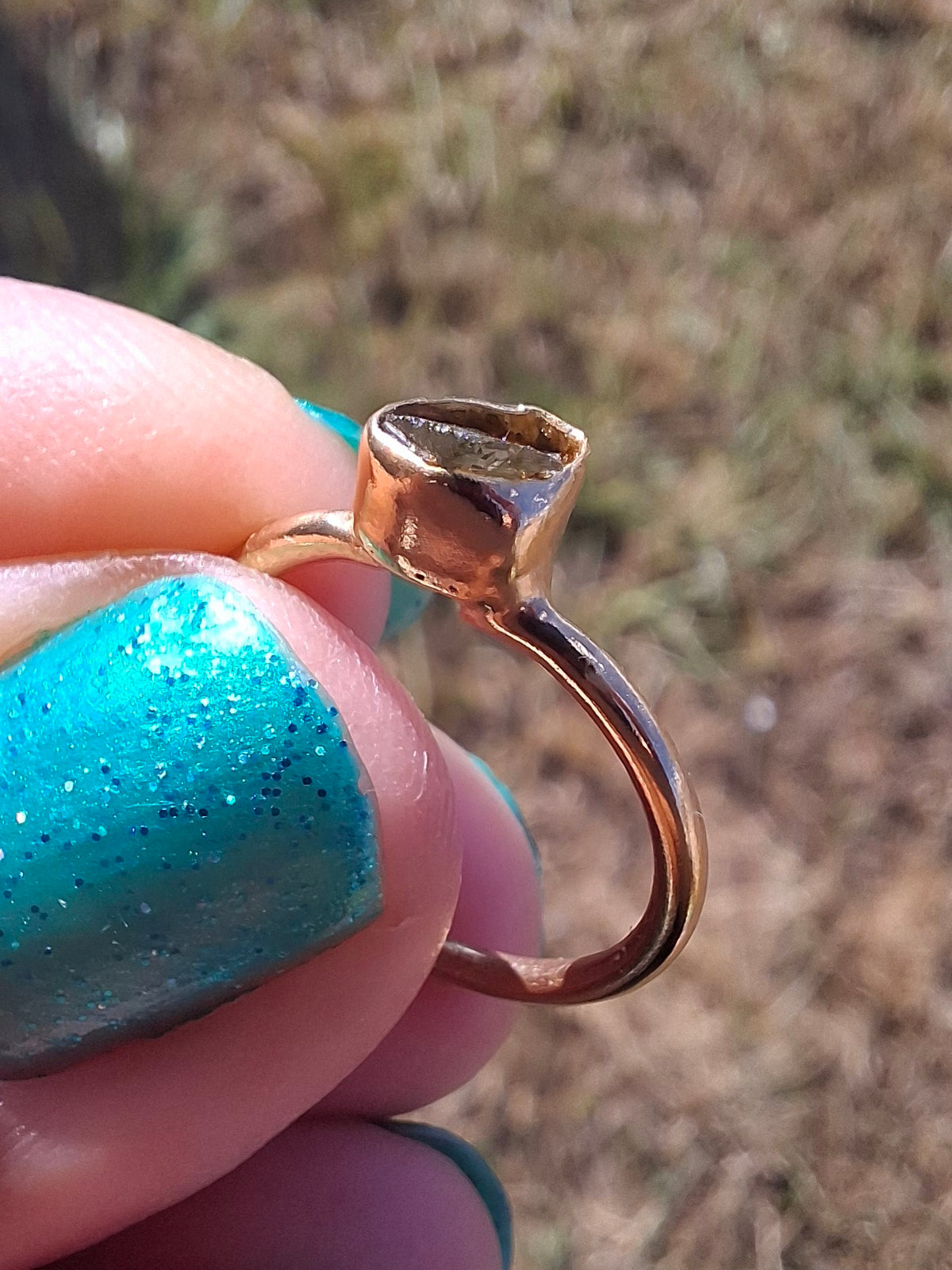 Moldavite Ring, 14K GOLD Plated, size large G / small H, Tektite (Ref: R334)