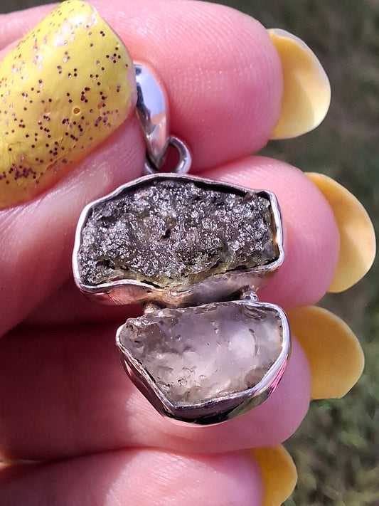 Moldavite & Libyan Desert Glass Pendant, 925 Silver, Tektite (Ref: MLP2)