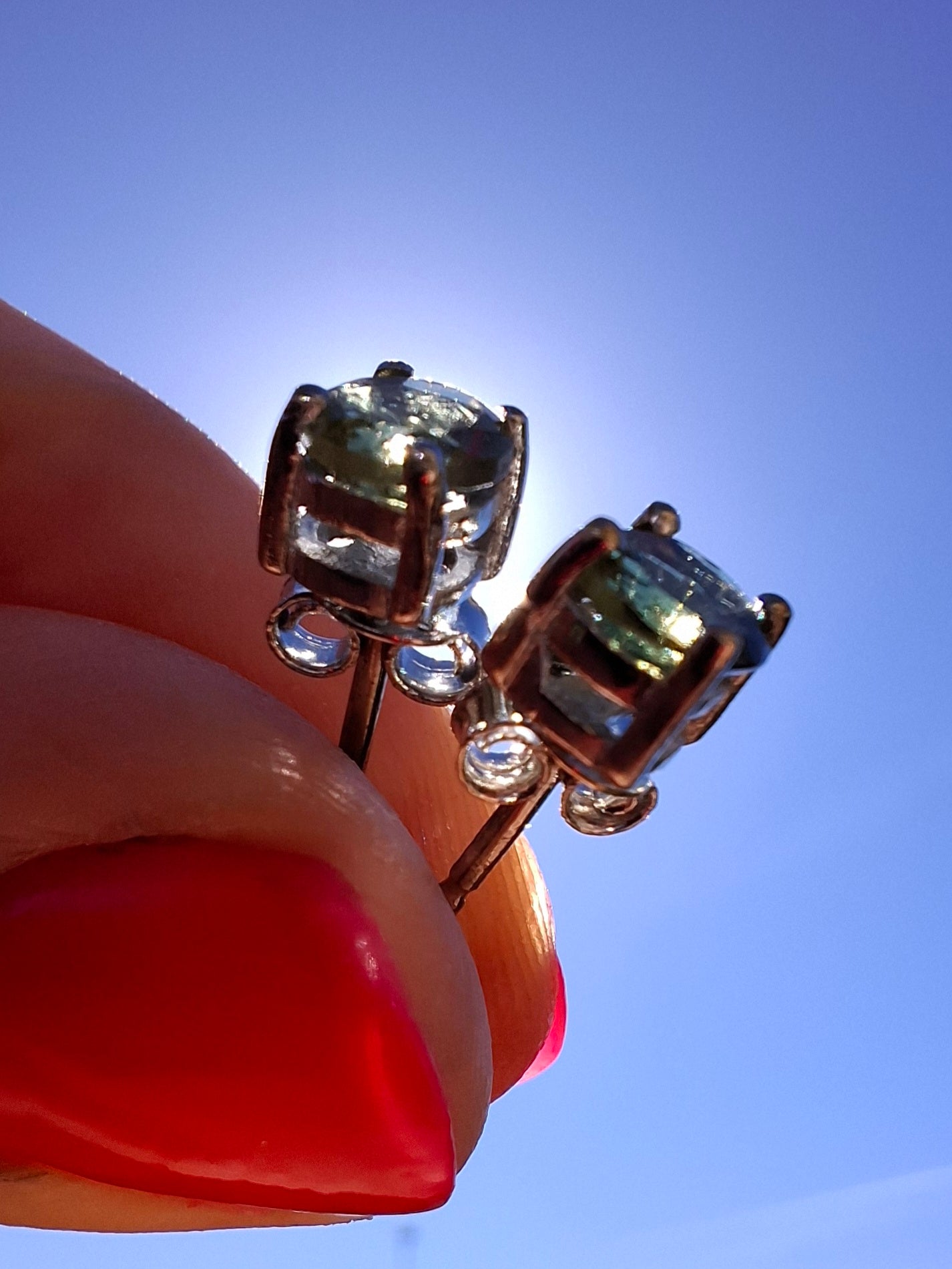 Moldavite (faceted), 5mm STUD EARRINGS, 925 Silver, Tektite (Ref: Pair52)