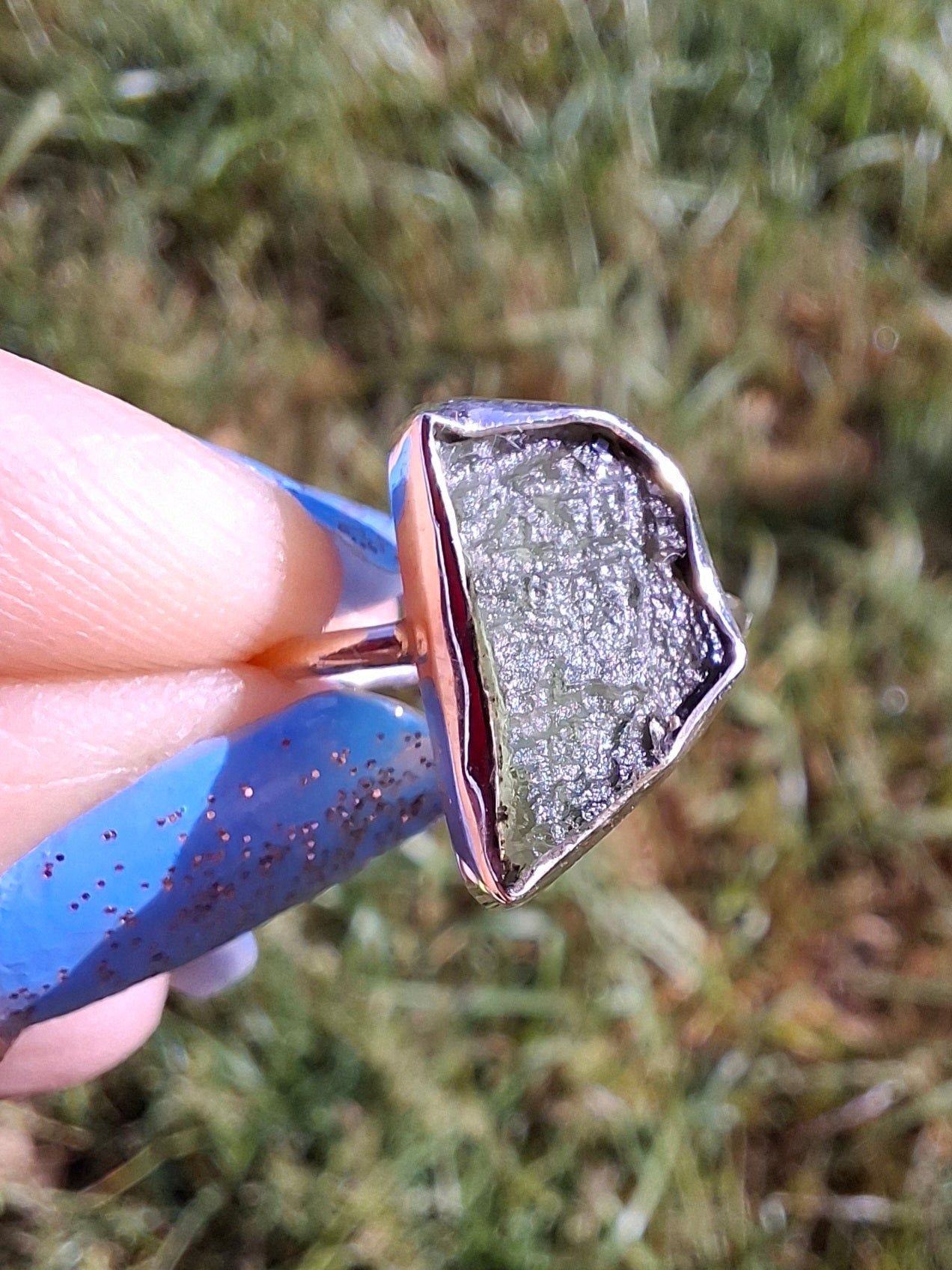 Moldavite Ring, size large M, 925 Silver, Tektite (Ref: R24)