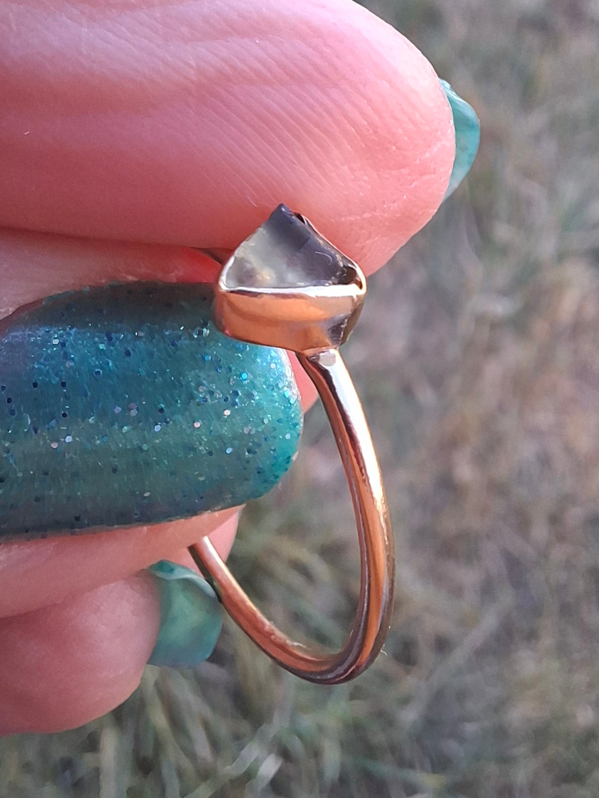 Moldavite Ring, 14K GOLD Plated, size large T, Tektite (Ref: R349)