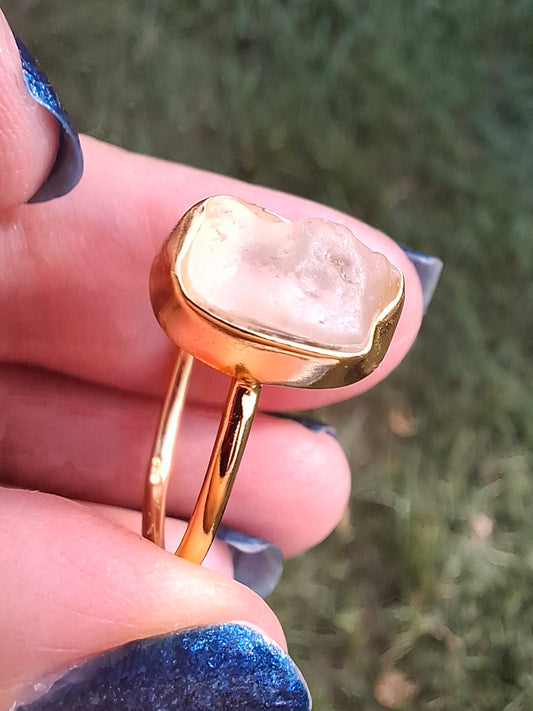 Libyan Desert Glass Ring, 14K GOLD Plated, size large Q, Tektite (Ref: LR64)