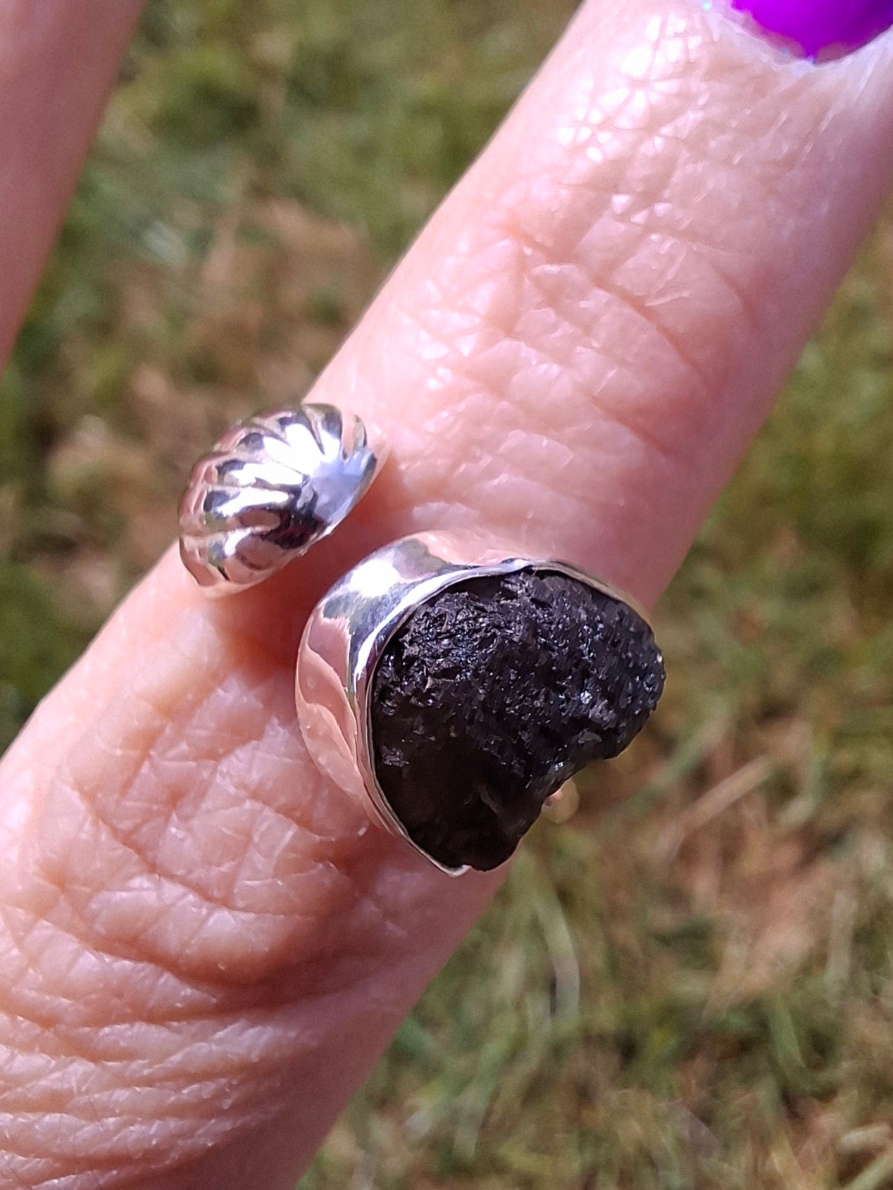 Moldavite ADJUSTABLE Ring, size large N, 925 Silver, Tektite (Ref: AR 39)