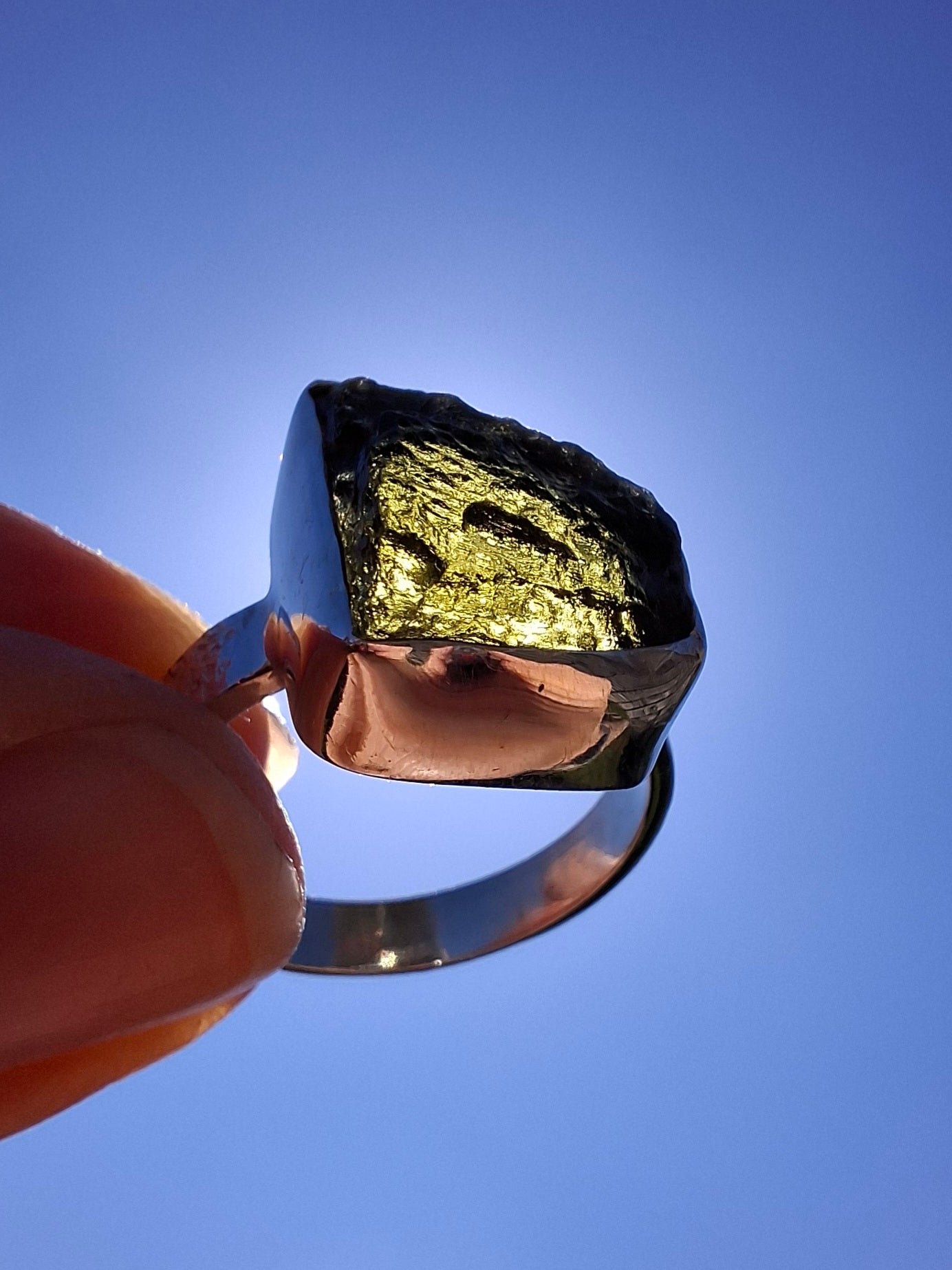 Moldavite Ring, size P, 925 Silver, Tektite (Ref: R314)