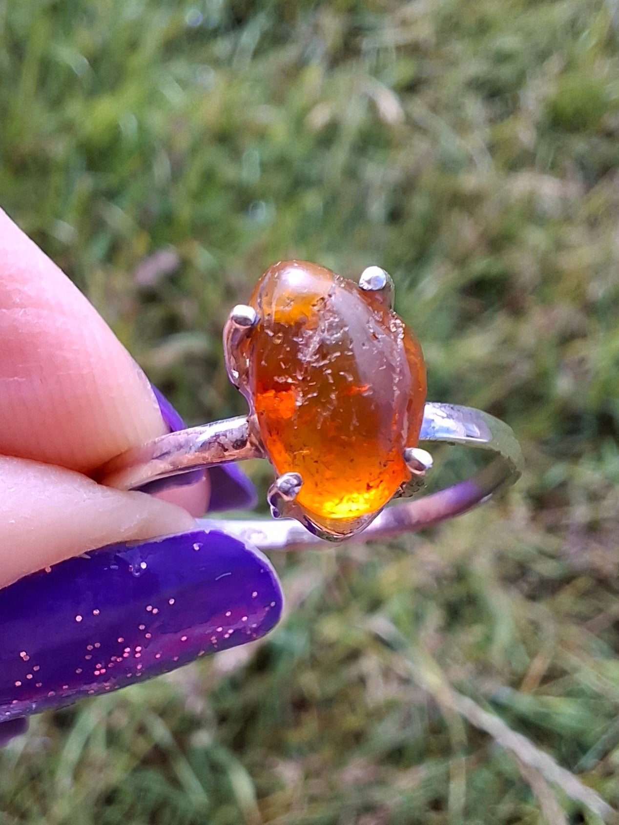 Baltic Amber Ring, size large W, 925 Silver, Fossil (Ref: AR29)