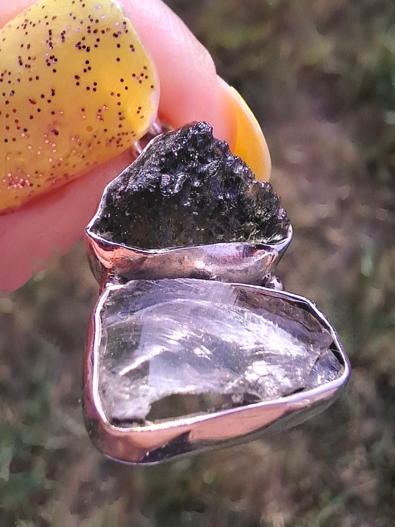 Moldavite & Libyan Desert Glass Pendant, 925 Silver, Tektite (Ref: MLP8)