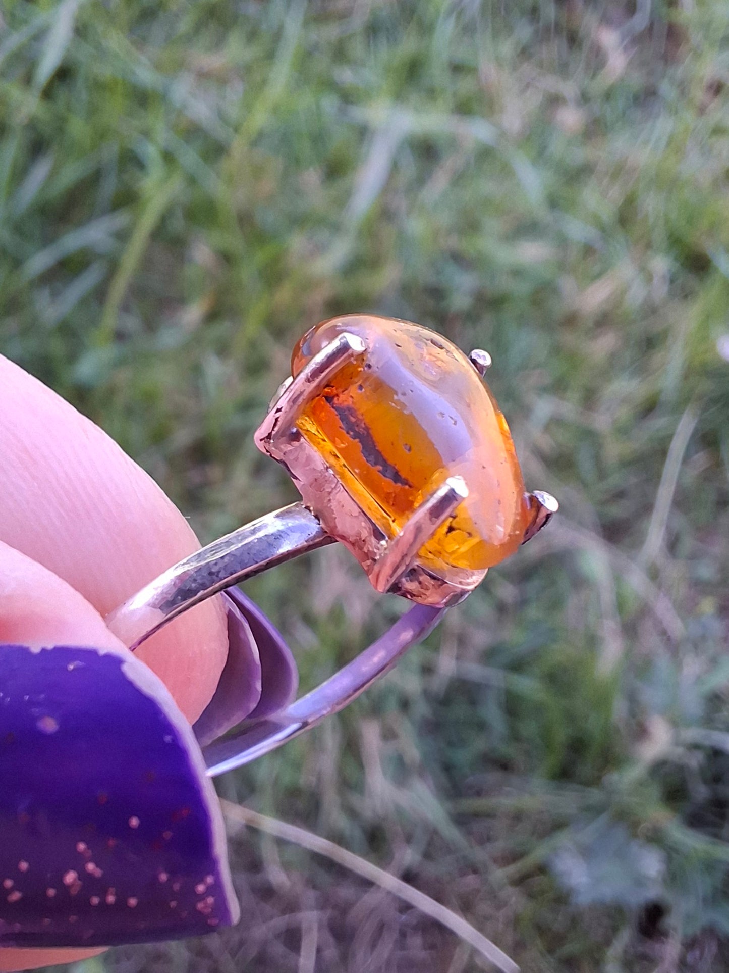 Baltic Amber Ring, size large V, 925 Silver, Fossil (Ref: AR24)